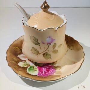 Vintage Lefton Serveware Set with  Jelly Jar Plate+Spoon Rare Discontinued 1940s